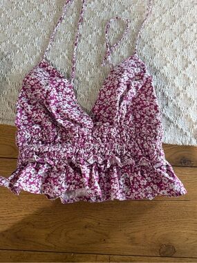 Floral Smocked Crop Top with Ruffle Hem - Pink